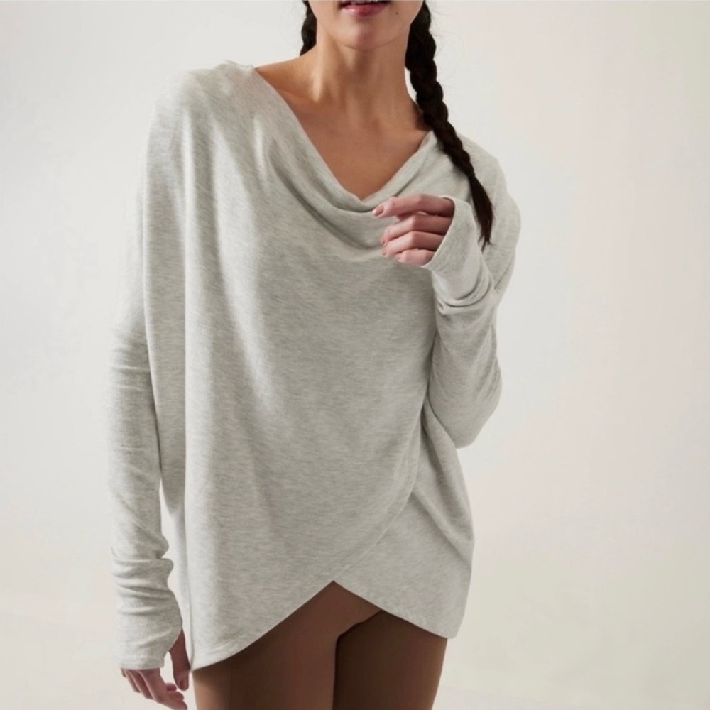 Athleta Light Gray Cowl Neck tulip hem hoodie nursing friendly